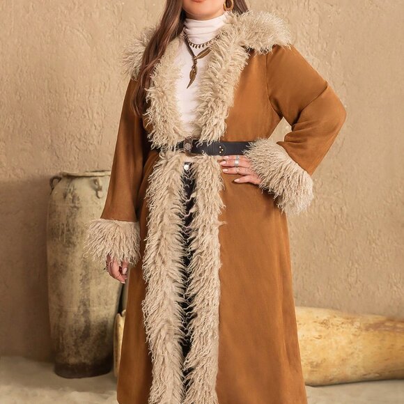 Brown Casual Women's Plus Size Warm Fuzzy Jacket - Picture 4 of 8